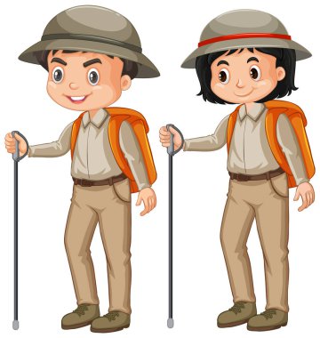 Beyaz arka planda safari kıyafeti giyen kız ve erkek.