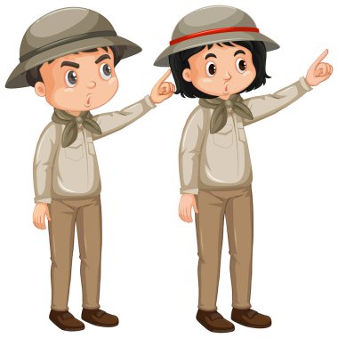 Beyaz arka planda safari kıyafeti giyen kız ve erkek.