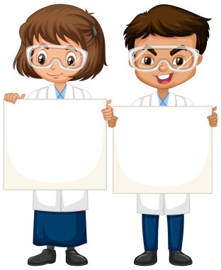 Beyaz arka planda duran bilim elbiseli kız ve erkek.