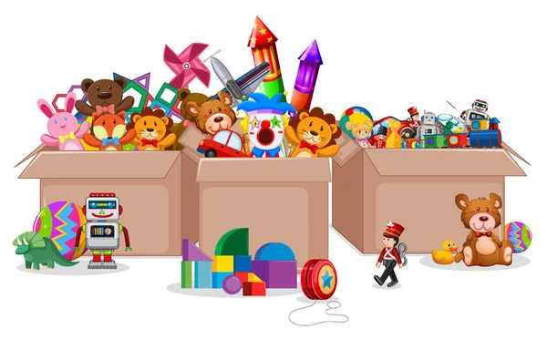 Tre lådor fulla av leksaker på vit bakgrund — Stock vektor