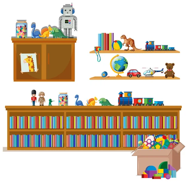 Scaffale pieno di libri e giocattoli su sfondo bianco — Vettoriale Stock