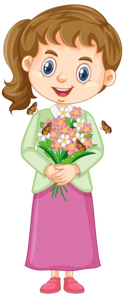 Χαριτωμένο κορίτσι με λουλούδια σε λευκό φόντο — Διανυσματικό Αρχείο