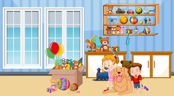 Scene with boy and girl playing in the room — Stock Vector