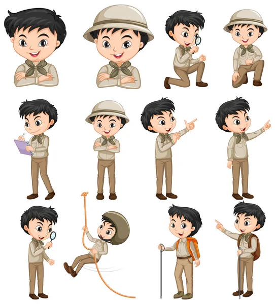 Boy in safari outfit doing different activities — 스톡 벡터
