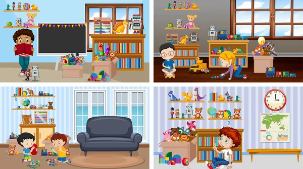 Cuatro escenas con niños jugando en diferentes salas — Vector de stock