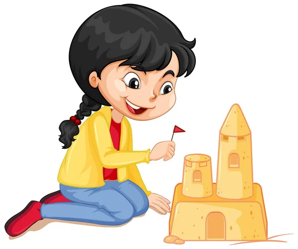 Dziewczyna w żółtej kurtce robi zamek z piasku na białym tle — Wektor stockowy