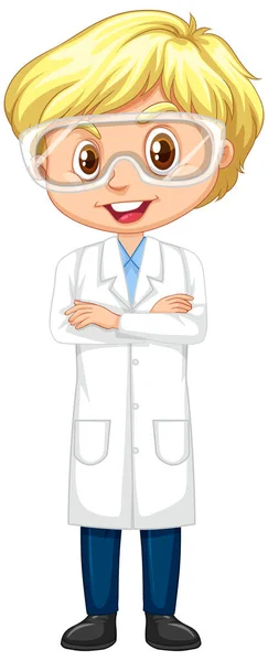 穿着实验室长袍站在白色背景上的男孩 — 图库矢量图片
