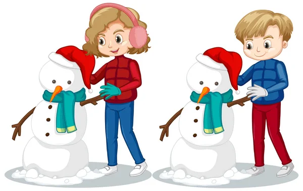 Boy and girl making snowman in the snow field — Stock Vector