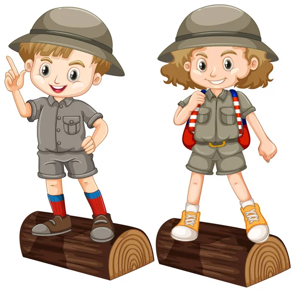 Boy and girl in safari costume on wooden log — 스톡 벡터