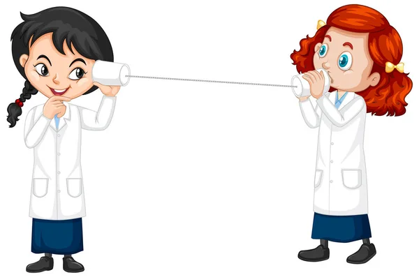 Two science students experimenting with sound wave — Stock Vector