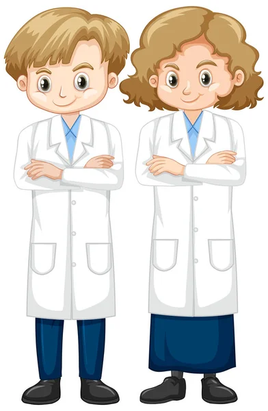 Girl and boy in science gown standing on white background — 스톡 벡터