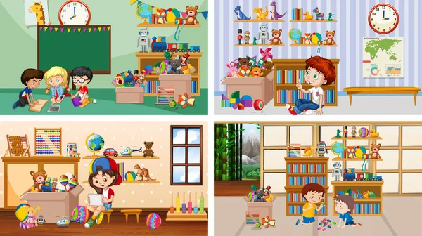 Quatro cenas com crianças brincando em salas diferentes —  Vetores de Stock