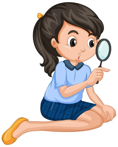 Girl holding magnifying glass on white background — 스톡 벡터