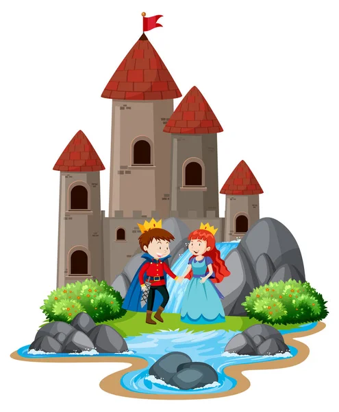 Сцена с принцем и принцессой у башен большого замка — стоковый вектор
