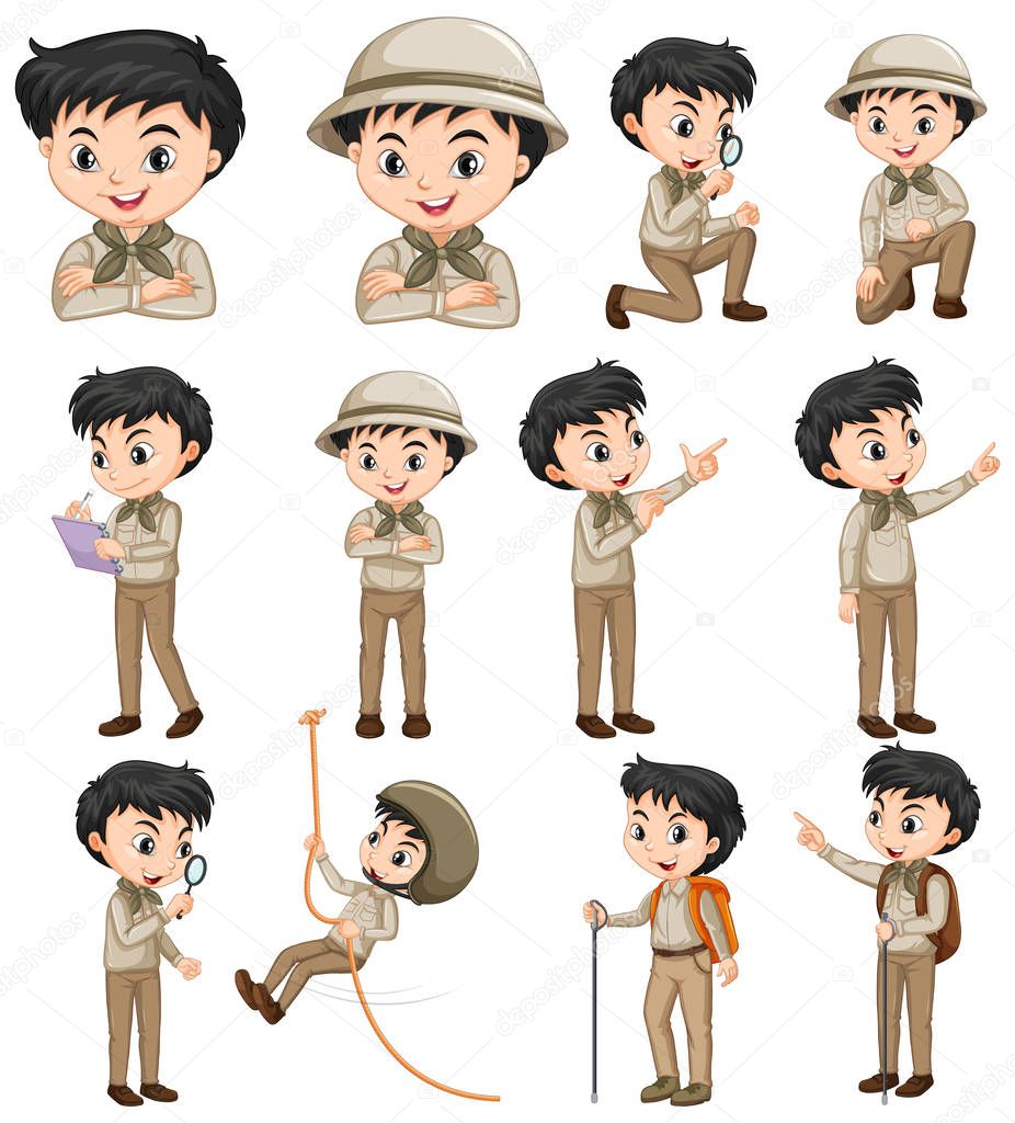 Boy in safari outfit doing different activities