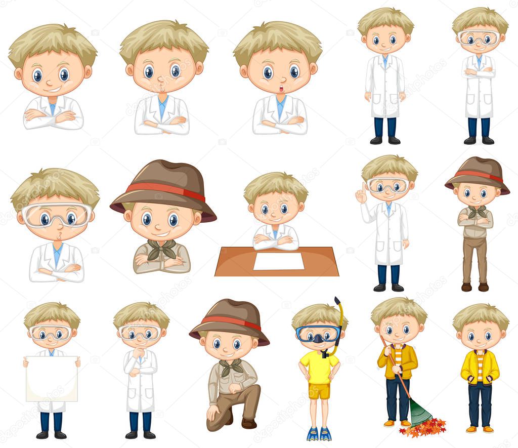 Set of boy in different costumes doing many activities