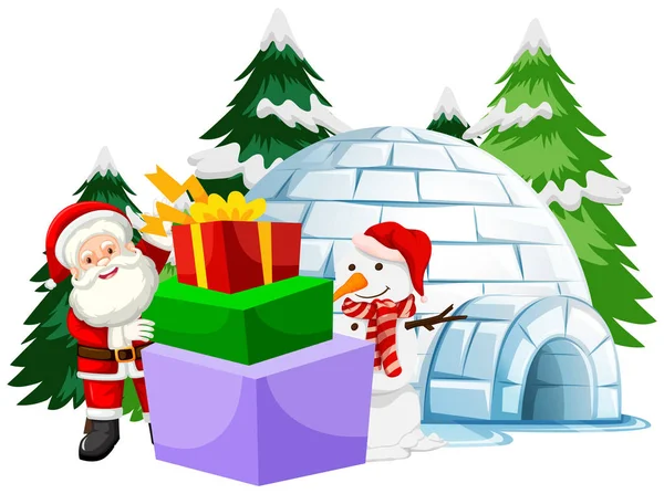 Weihnachtsthema mit Weihnachtsmann und großen Geschenkschachteln — Stockvektor