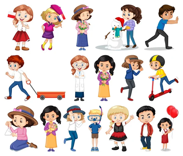 Large set of boys and girls doing different activity on white ba — Stock Vector