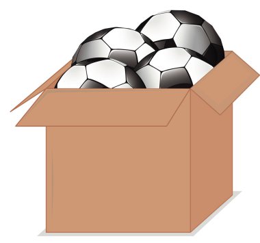 Box full of soccer balls on white background