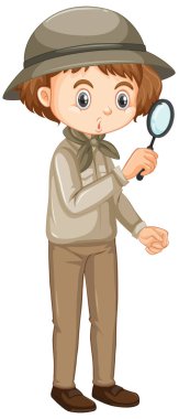 Beyaz arka planda büyüteçle safari kıyafetli bir kız.