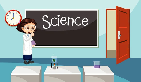 Scène avec professeur de sciences debout dans la salle de classe — Image vectorielle