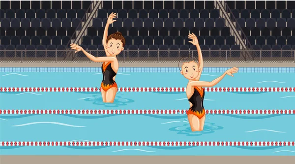 Scène avec deux filles faisant de l'eau synchronisée danse dans la piscine — Image vectorielle