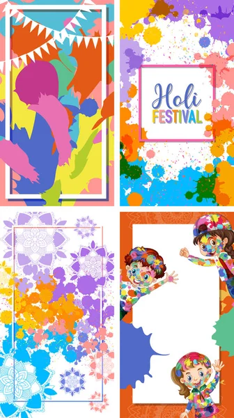 Desenhos de quatro molduras para festival holi na Índia com costas coloridas — Vetor de Stock