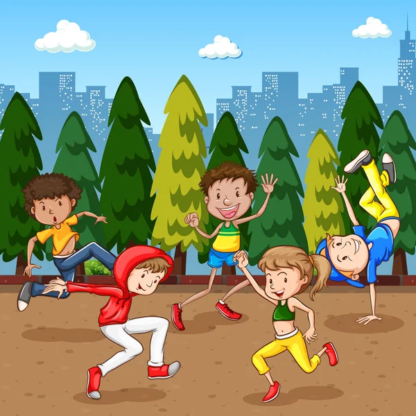 Scéna s mnoha dětmi tančícími v parku — Stockový vektor