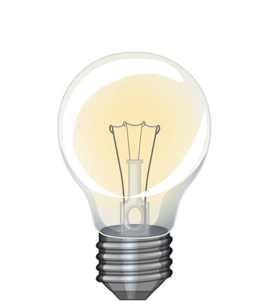 Single lightbulb with yellow light on white background