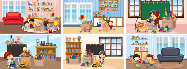 Six scenes with children doing activities in different rooms — 스톡 벡터