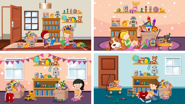 Four scenes with children playing in different rooms — Stok Vektör