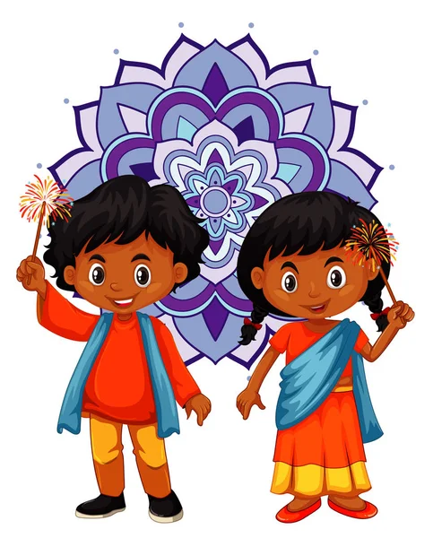 Індійський хлопчик і дівчинка з мандалями на задньому плані — стоковий вектор