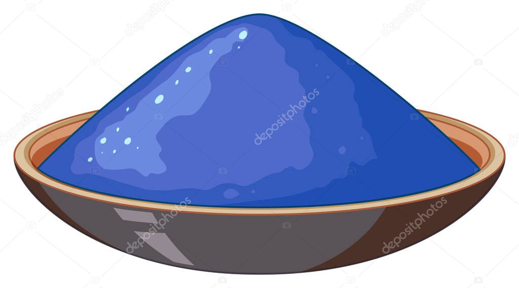 Bowl of paint powder in blue color on white background