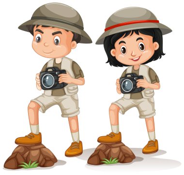 Beyaz arka planda safari kıyafeti giyen kız ve erkek.