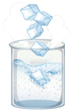 Beyaz zemin üzerinde buz ve su olan deney şişesi