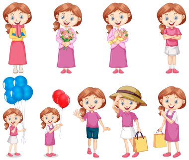 Pembe elbiseli mutlu kız farklı aktiviteler yapıyor.