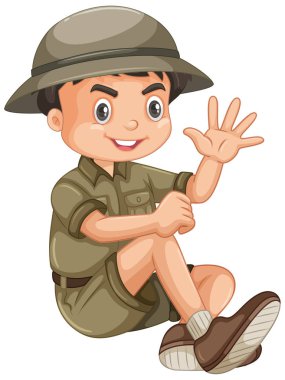 Beyaz arka planda safari kıyafeti giyen bir çocuk.
