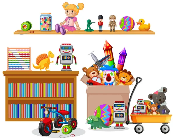 Étagère pleine de livres et jouets sur fond blanc — Image vectorielle