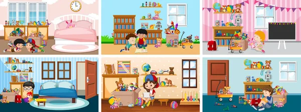 Seis escenas con niños haciendo actividades en diferentes salas — Vector de stock