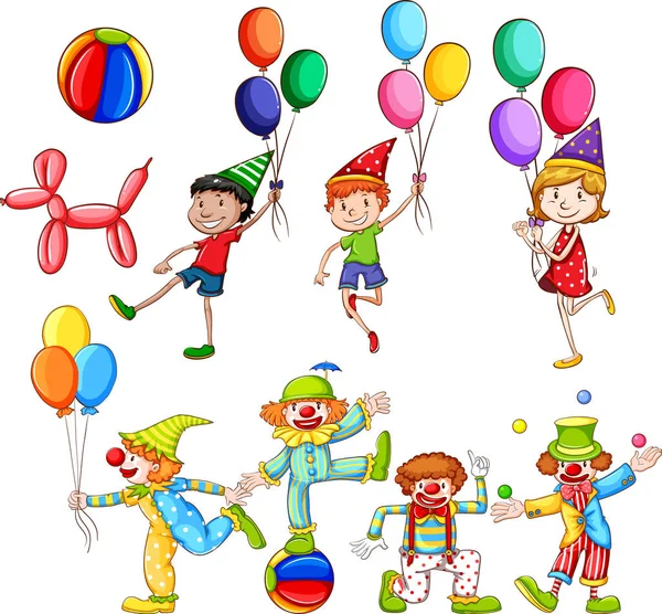 Uppsättning barn och clowner med ballonger — Stock vektor