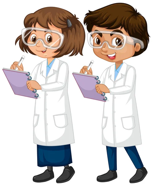 Niño y niña en vestido de ciencia de pie sobre fondo blanco — Vector de stock