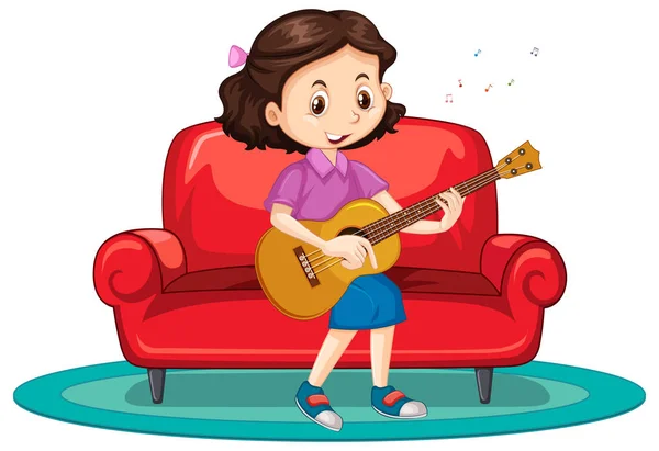 Ragazza che suona la chitarra sul divano — Vettoriale Stock
