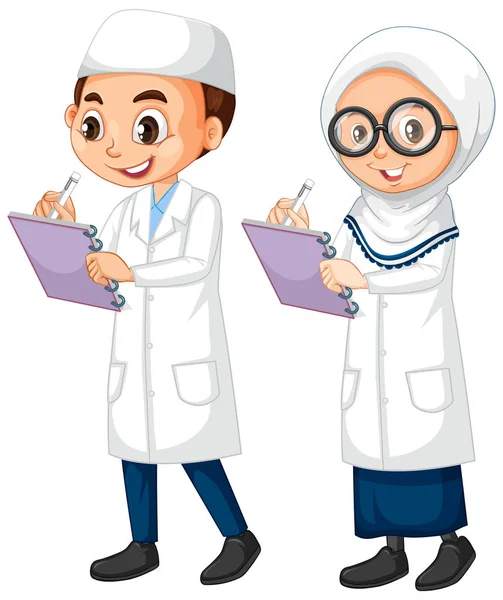 Niño y niña en vestido de ciencia de pie sobre fondo blanco — Archivo Imágenes Vectoriales