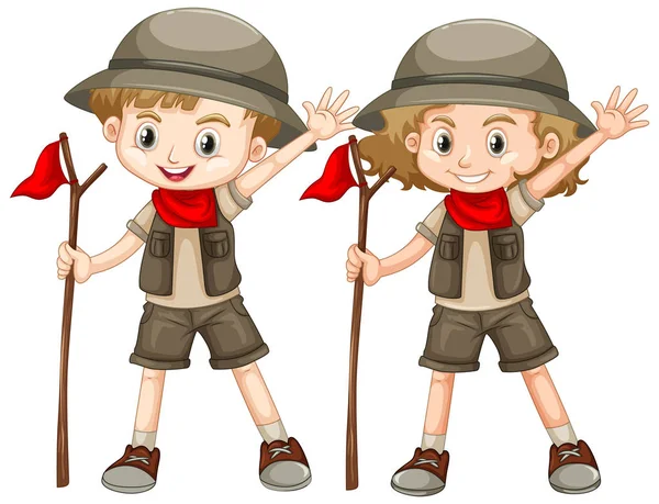 Boy and girl in safari outfit with red flag — Stock Vector