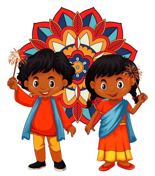 India chico y chica con mandala fondo — Vector de stock