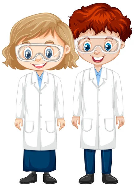 Niño y niña en vestido de ciencia sobre fondo aislado — Vector de stock