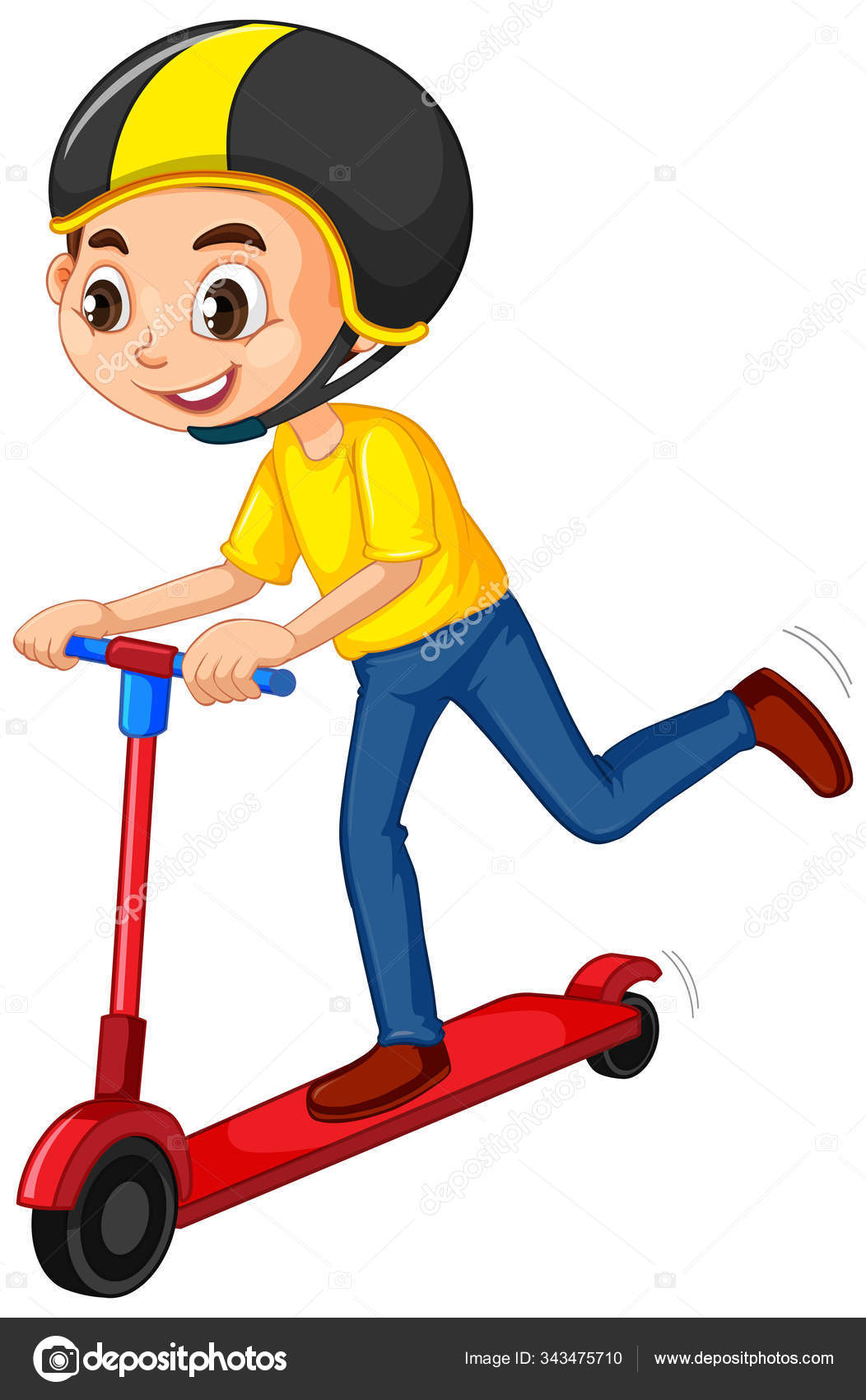 Мальчик Играет На Скутере На Изолированном Фоне Векторное.