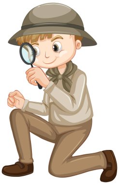 Beyaz arka planda safari kıyafetli yakışıklı çocuk.