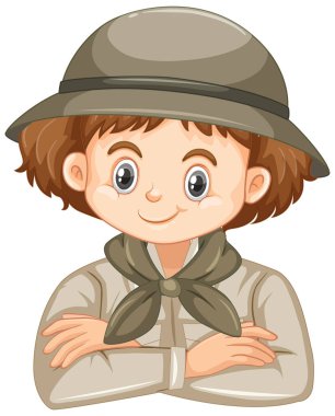 Safari kıyafetli tatlı kız beyaz arka planda gülümsüyor.