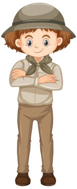 Safari kıyafetli kız beyaz arka planda duruyor.